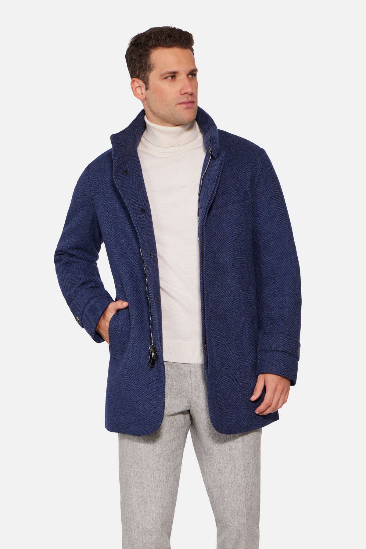 Hooded Cashmere Wool Car Coat Mid Blue Herringbone