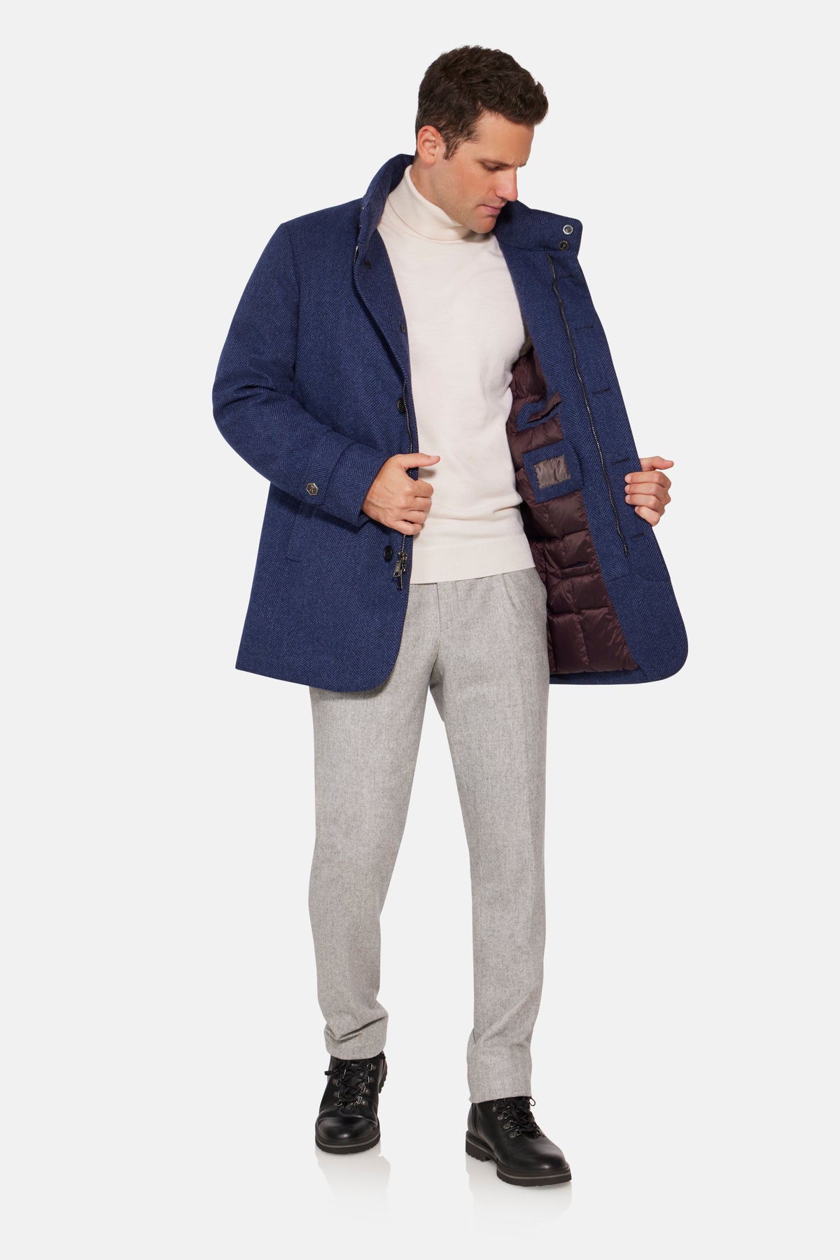 Hooded Cashmere Wool Car Coat Mid Blue Herringbone