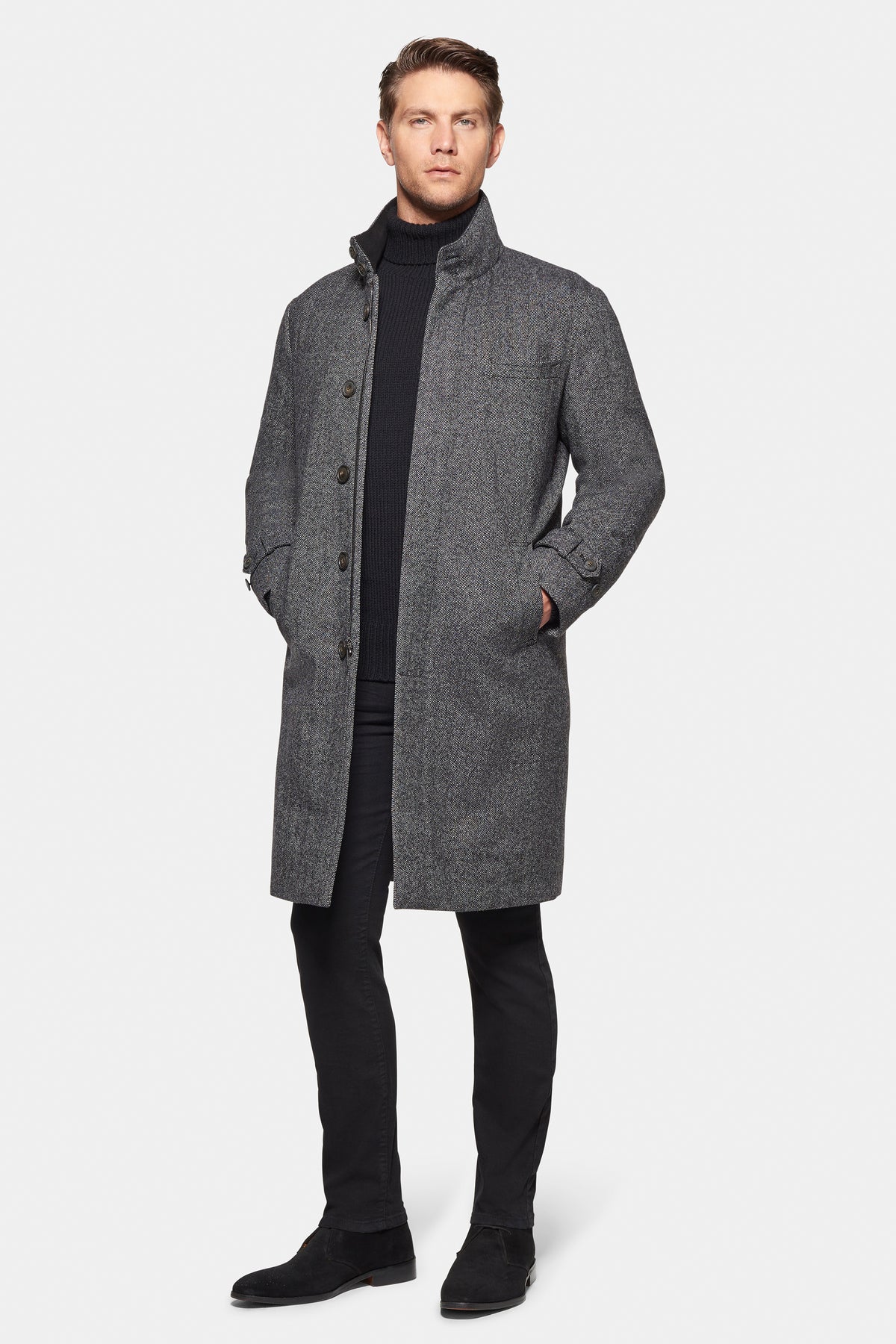 Cashmere Wool Topcoat Grey Black Herringbone