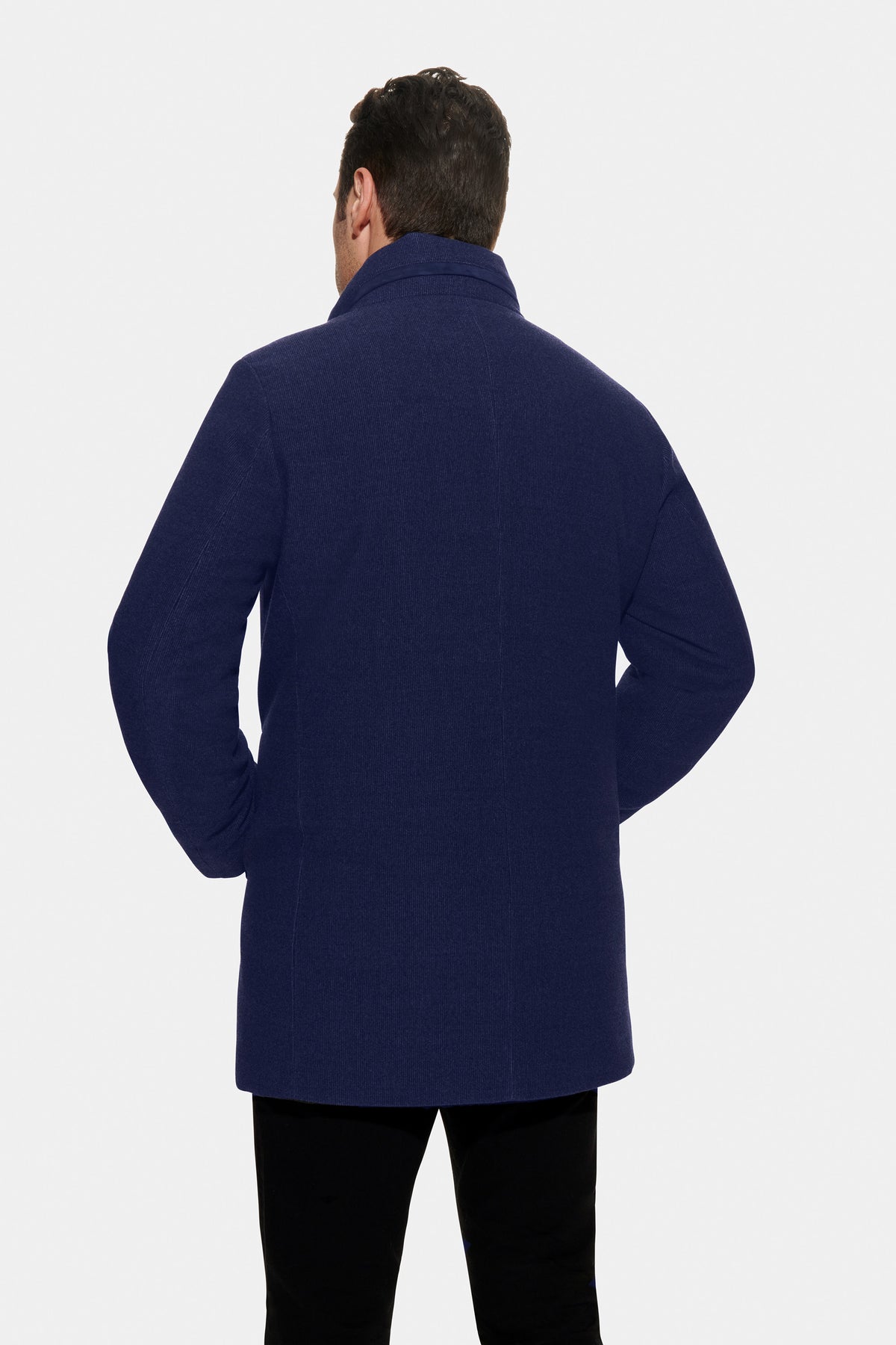 Soft Wool Textured Hooded Car Coat Navy