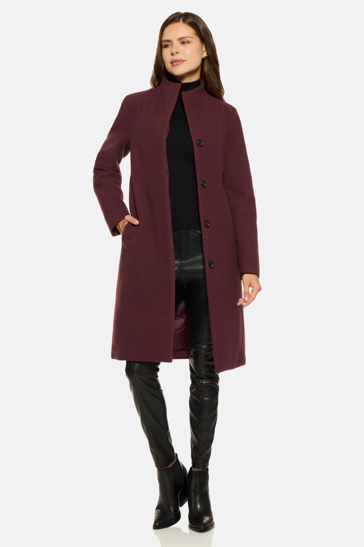 Burgundy Stand Collar City Coat, Down-Lined & Waterproof