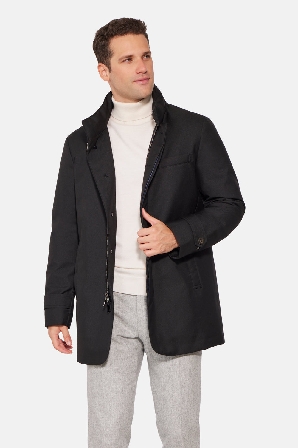 Hooded Wool Twill Car Coat, Black