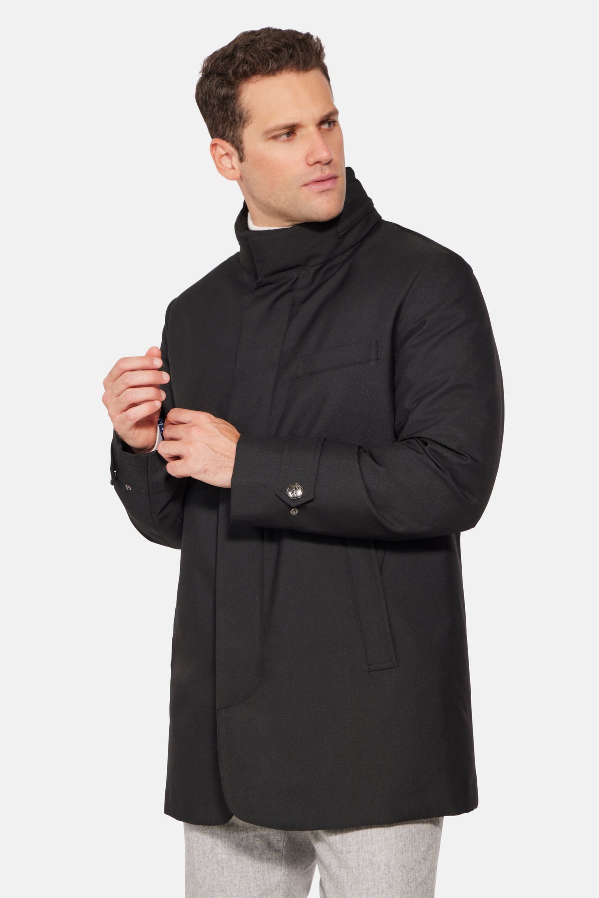 Hooded Wool Twill Car Coat Black