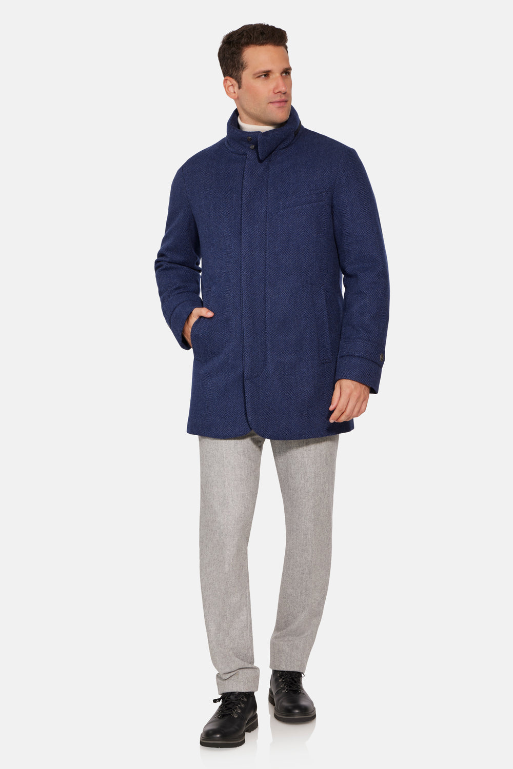 Hooded Cashmere Wool Car Coat, Mid Blue Herringbone