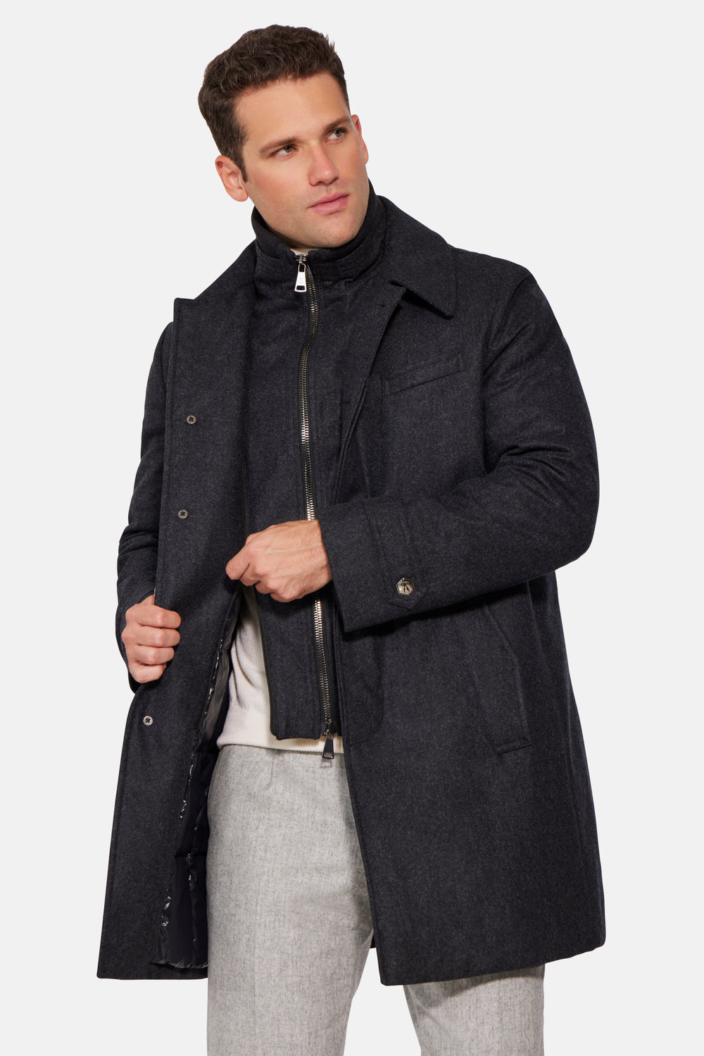 Stretch Wool Euro Coat, Dark Charcoal