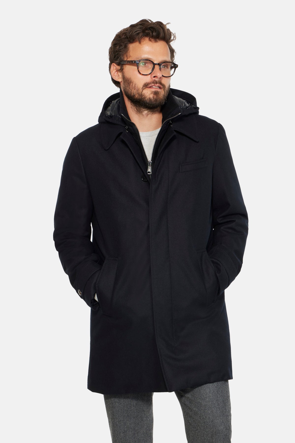 Hooded Stretch Wool Euro Coat Black