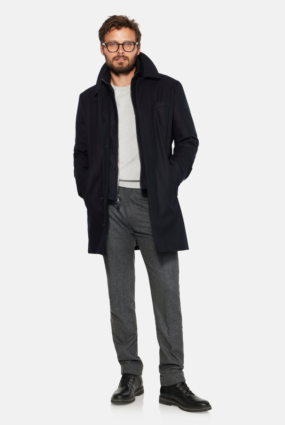 Hooded Stretch Wool Euro Coat Black