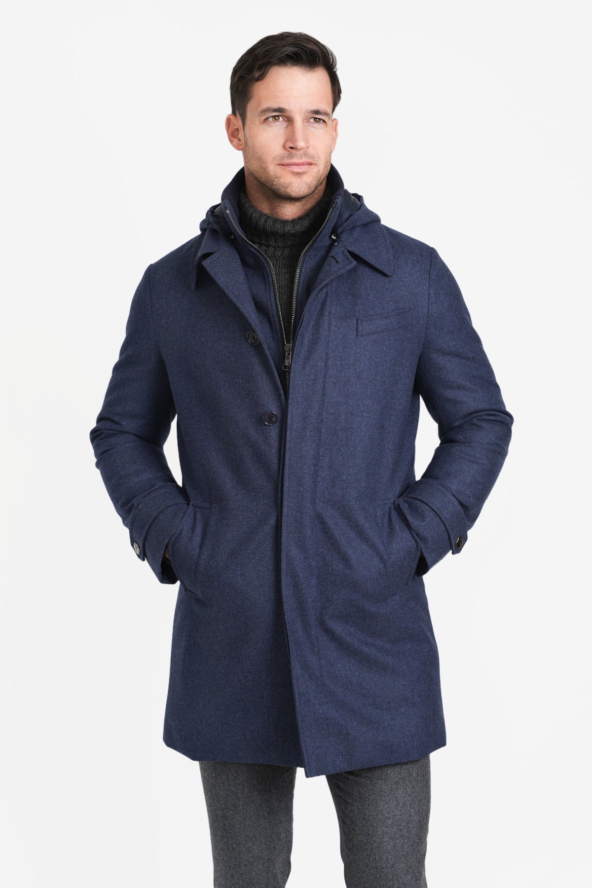 Hooded Stretch Wool Euro Coat French Blue