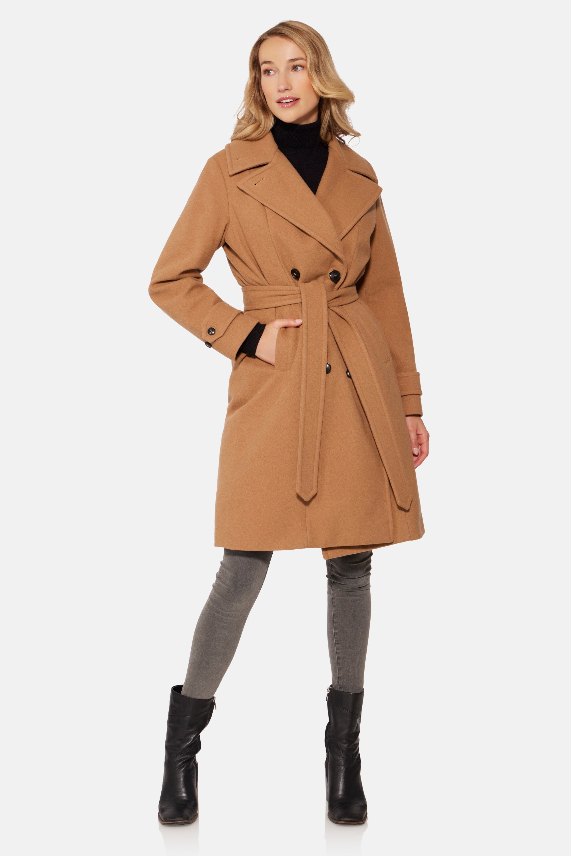 Camel Double Breasted Coat | Down-Lined Waterproof Wool
