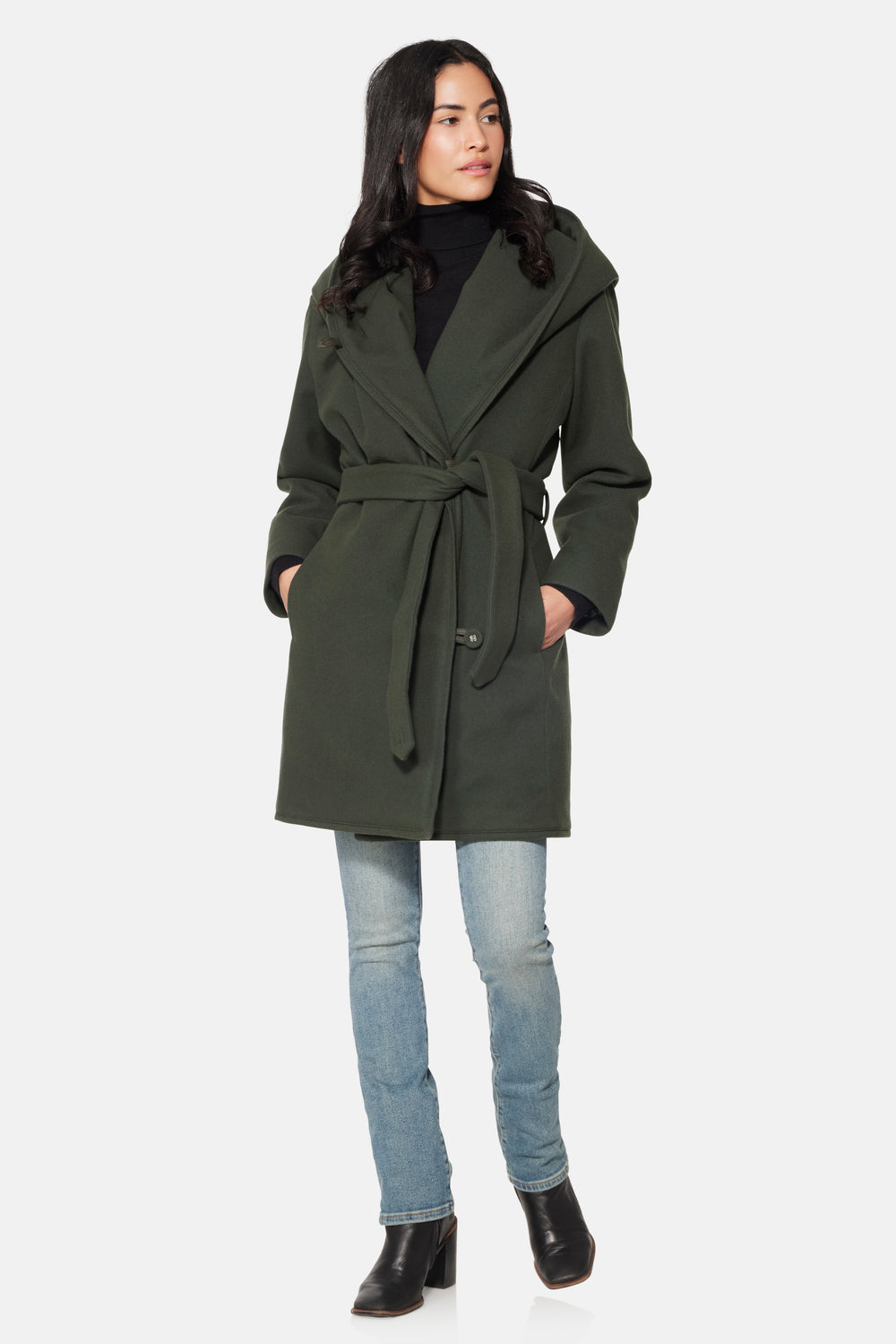 Short Hooded Wrap Coat, Hunter Green