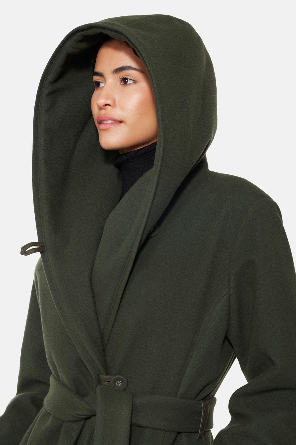 Short Hooded Wrap Coat, Hunter Green