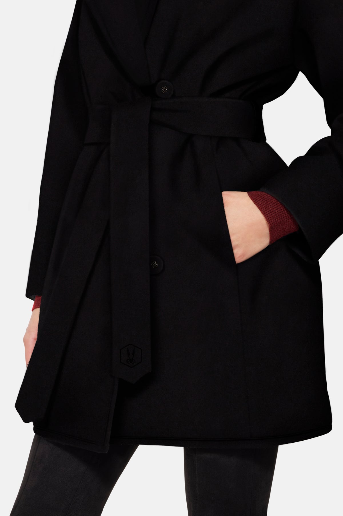 Short Hooded Wrap Coat, Black