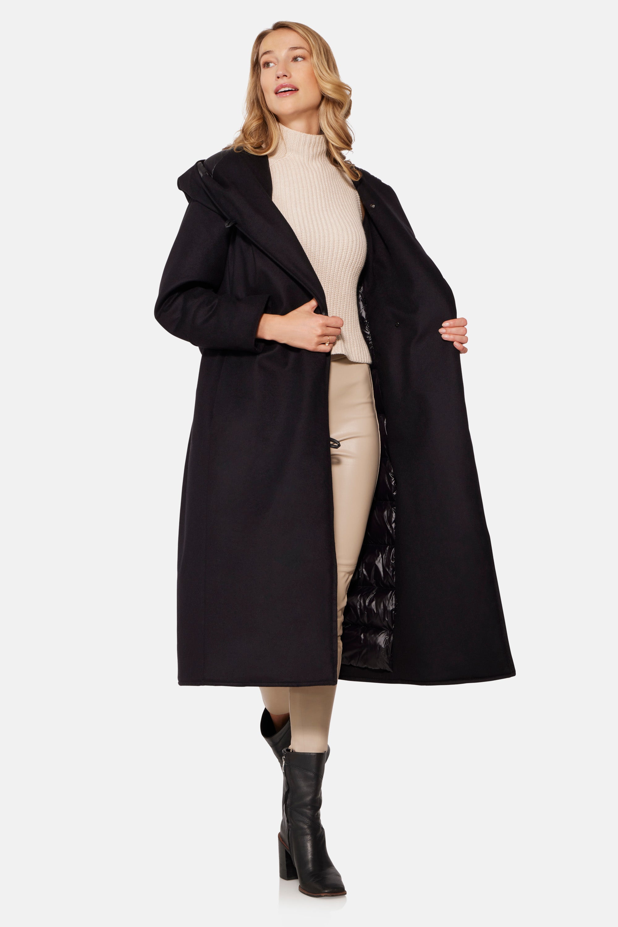 Wool Hooded Wrap Coat, Black