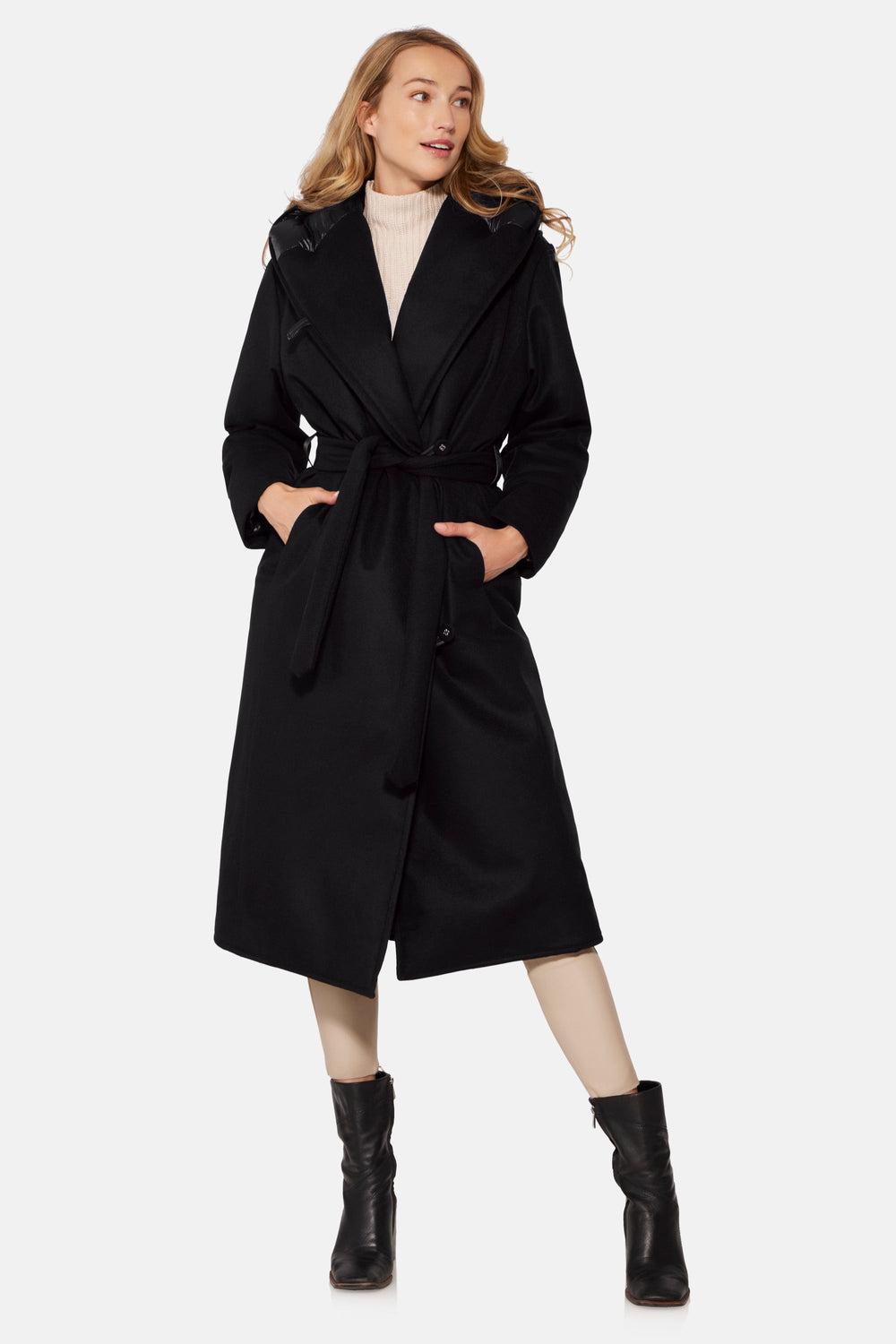 Hooded Wrap Coat, Black