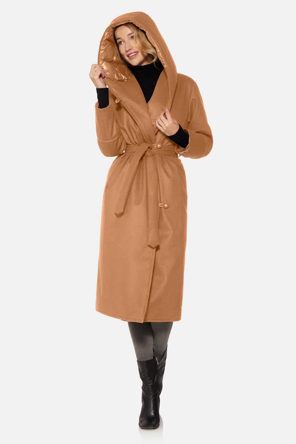 Hooded Wrap Coat, Camel