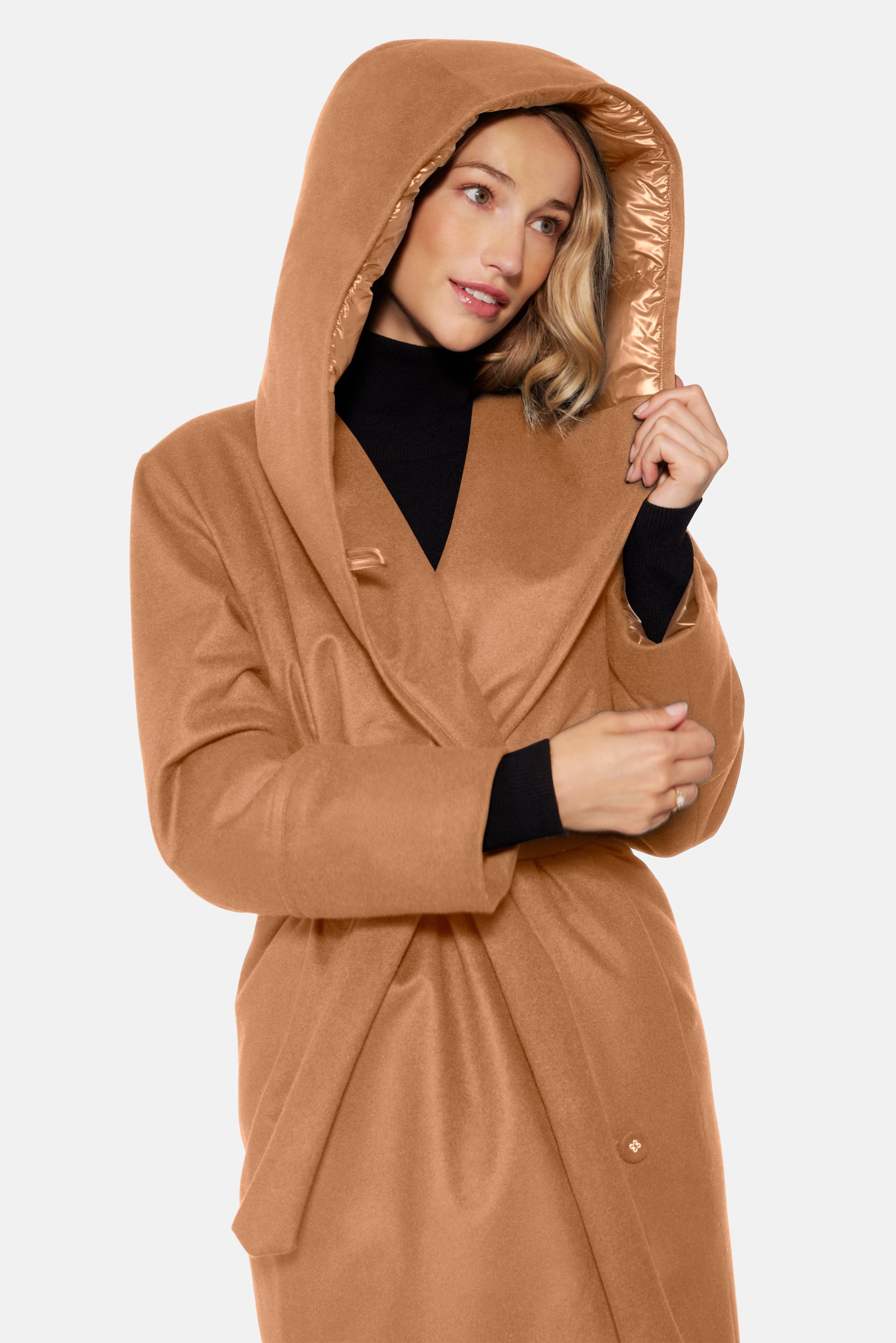 Mid Length Hooded Wrap Camel Coat