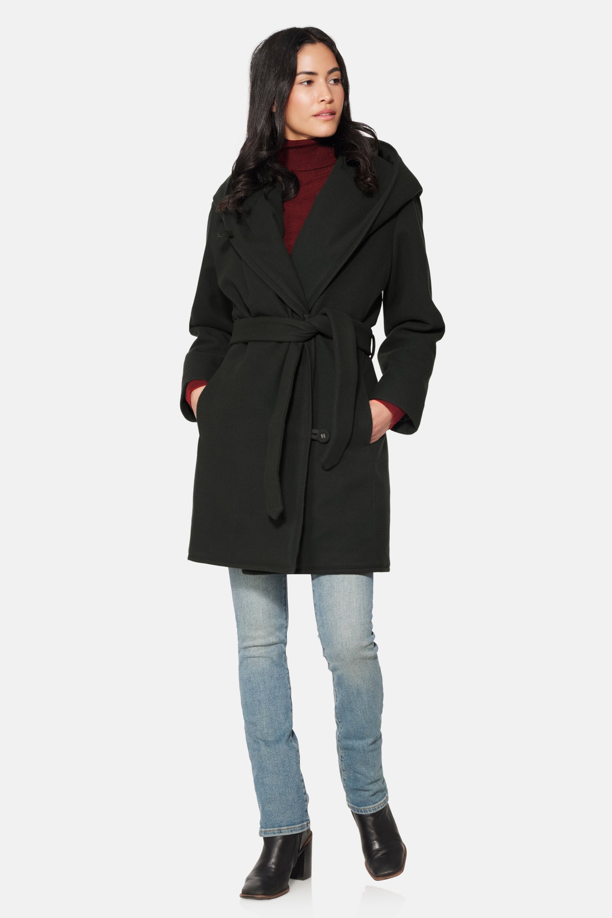 Short Hooded Wrap Coat, Black