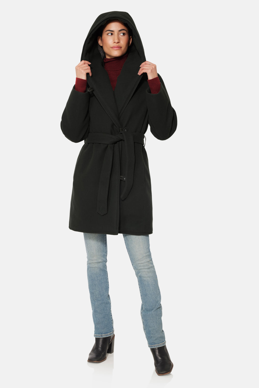 Short Hooded Wrap Coat, Black