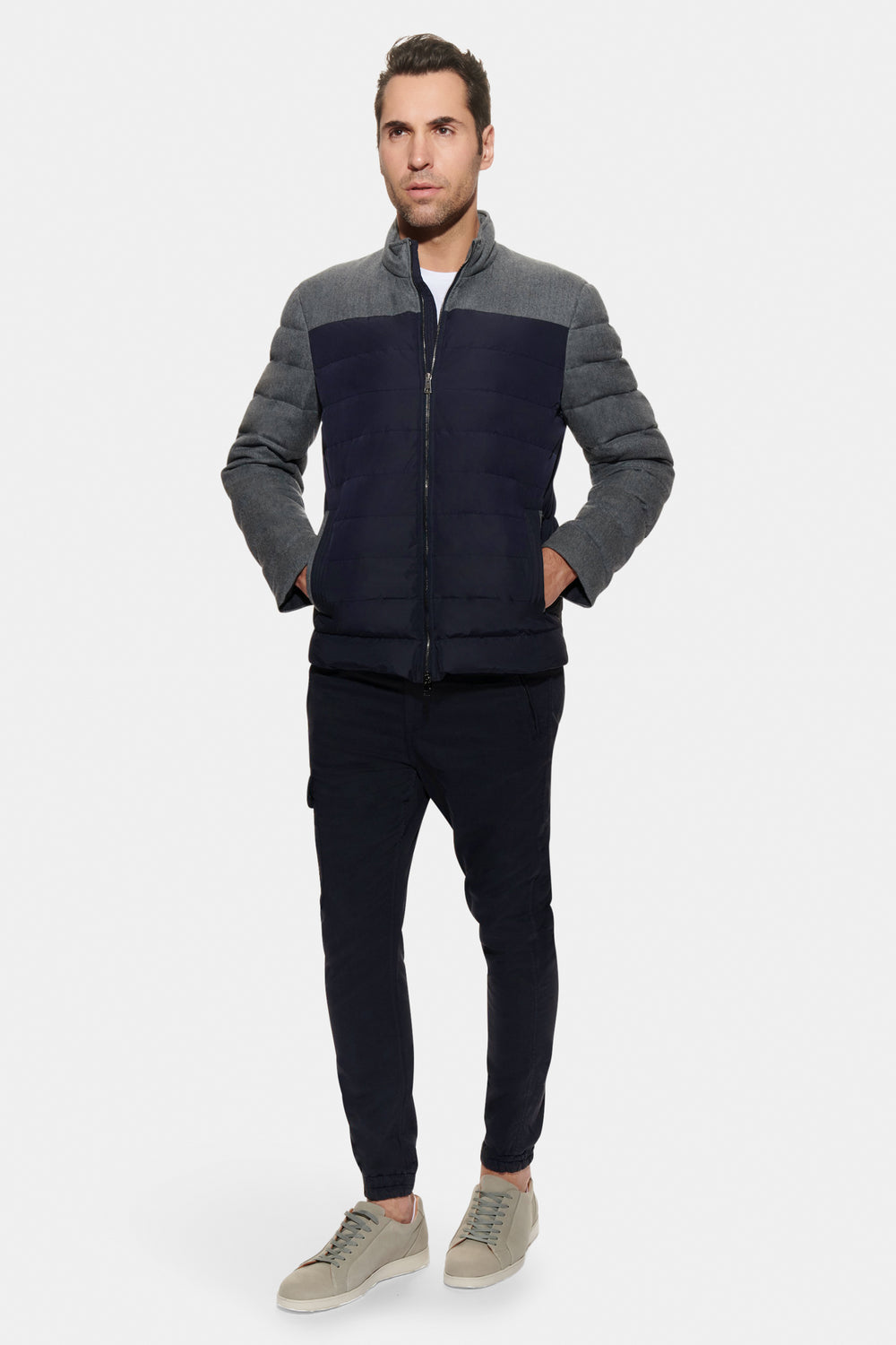 Mixed Media Wool Bomber, Navy/Charcoal