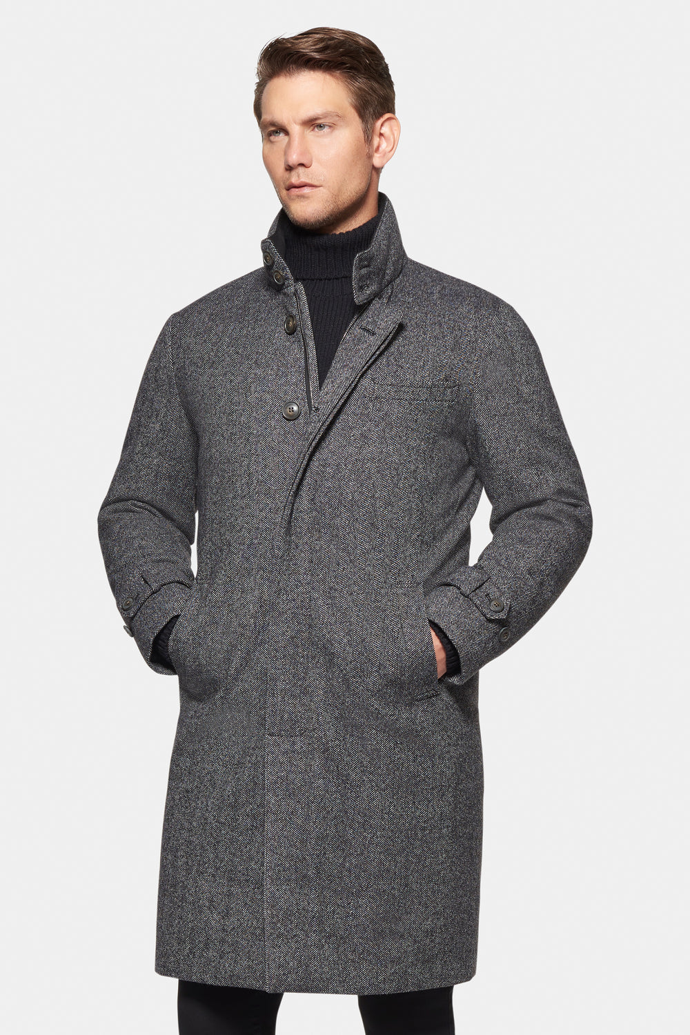 Cashmere Wool Topcoat, Grey Black Herringbone