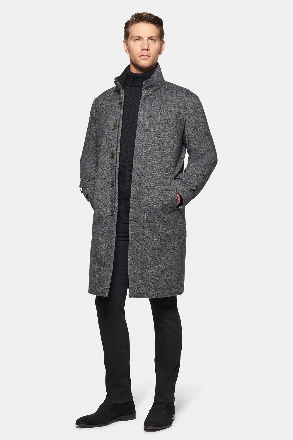 Cashmere Wool Topcoat, Grey Black Herringbone