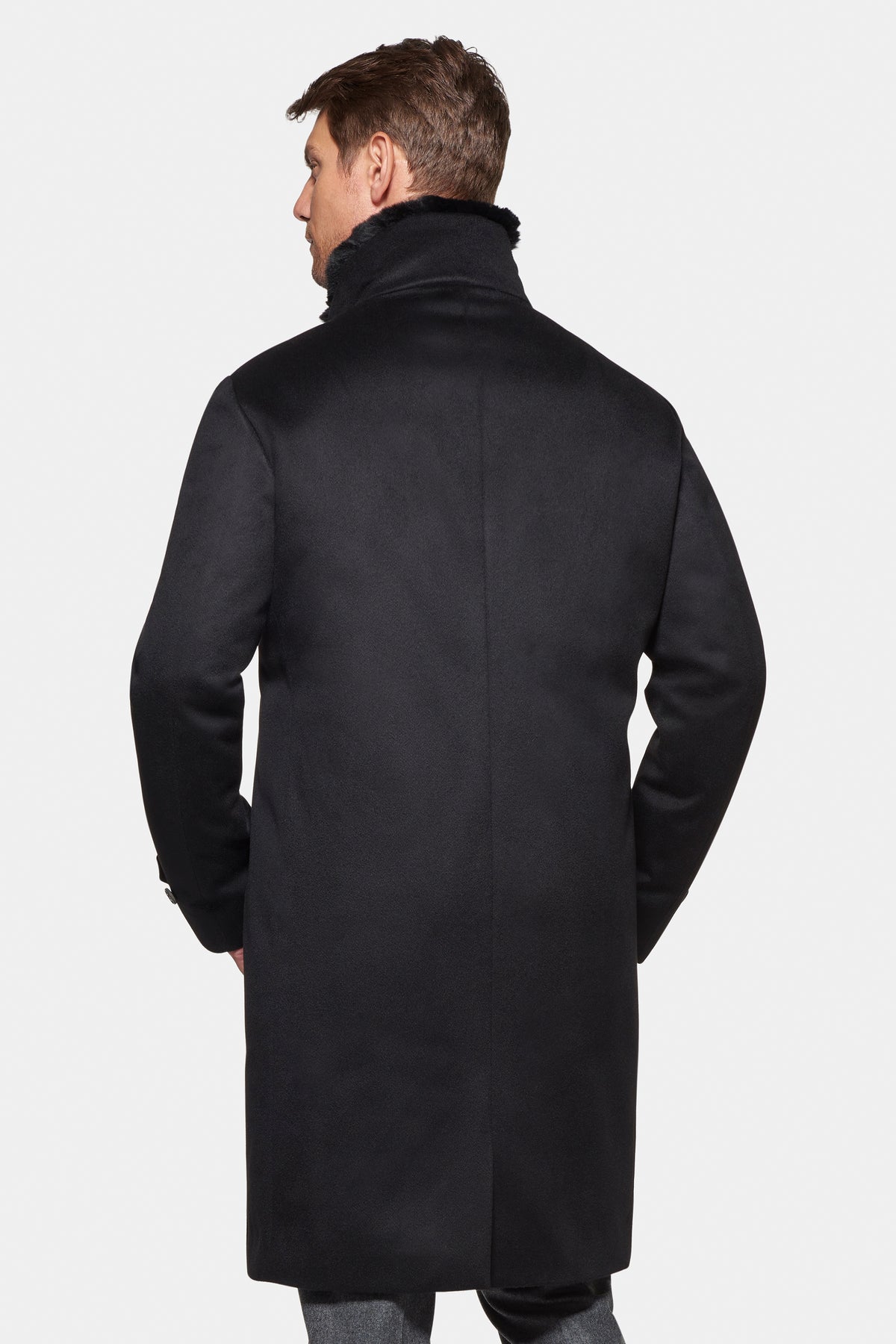 Pure Cashmere Fur Trimmed Topcoat Black