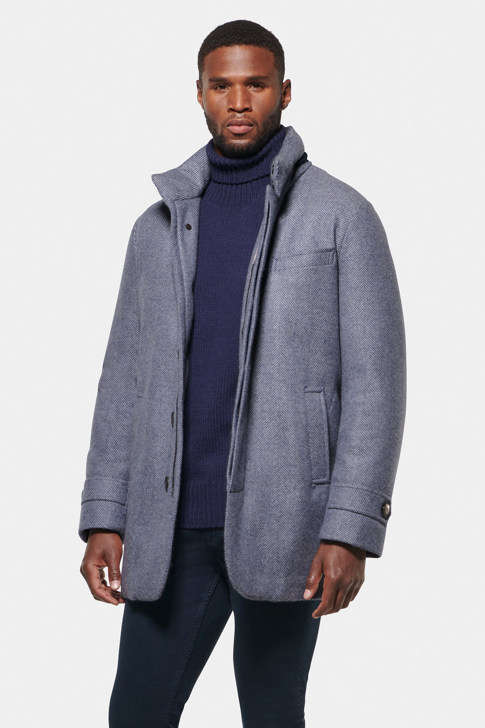 Cashmere Wool Hooded Car Coat, Grey Blue Herringbone