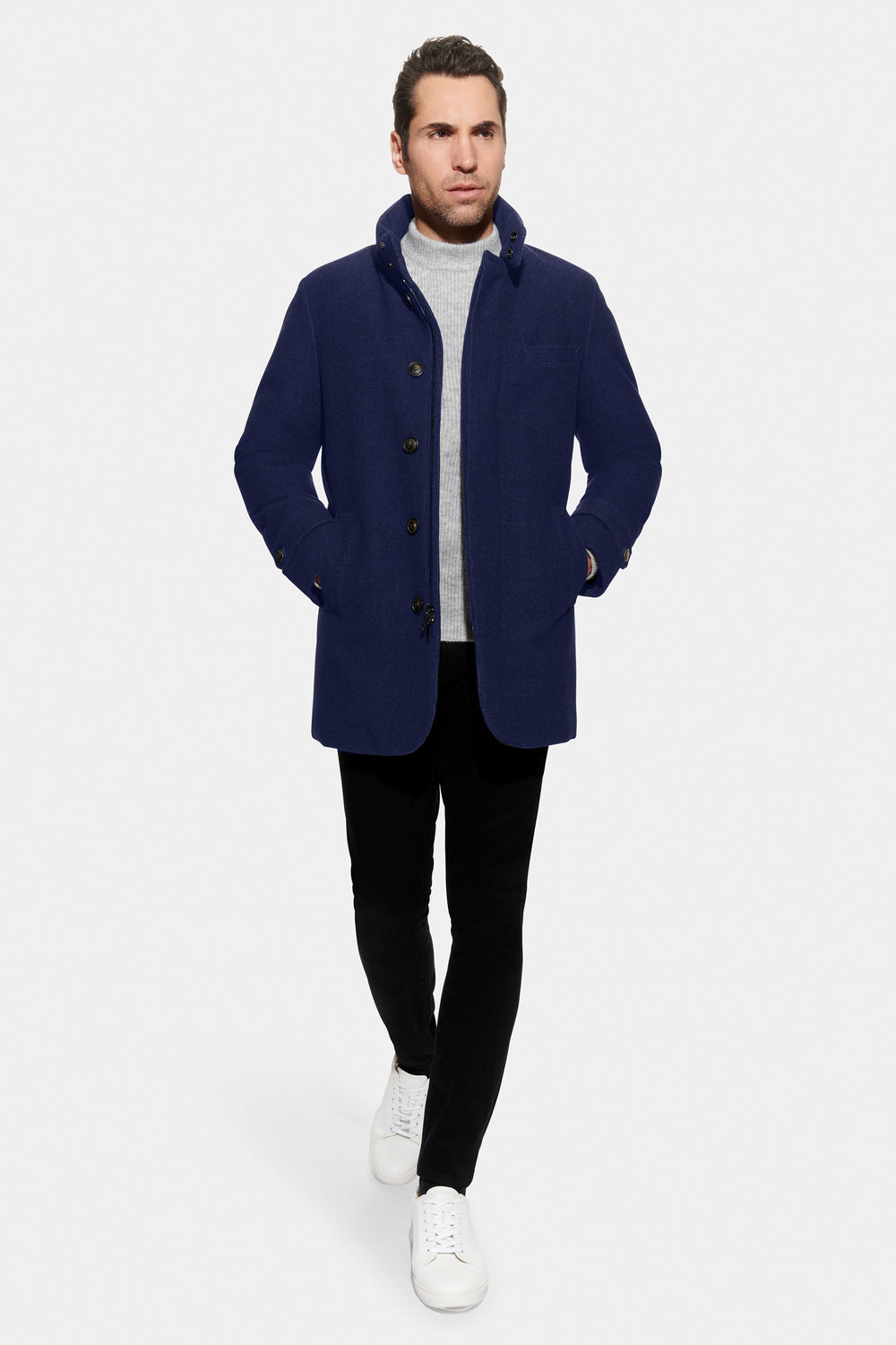 Soft Wool Textured Hooded Car Coat Navy