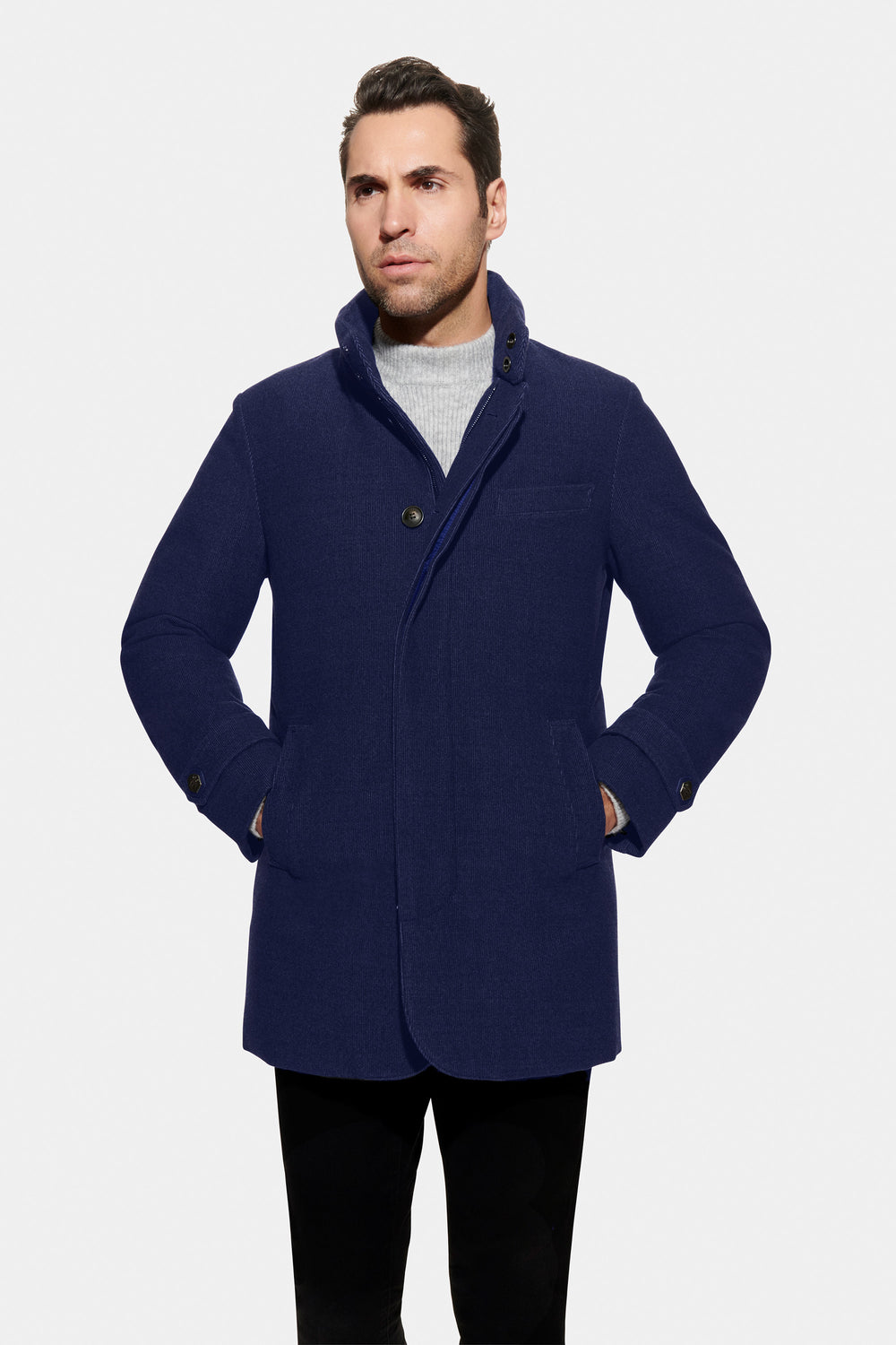 Soft Wool Textured Hooded Car Coat Navy