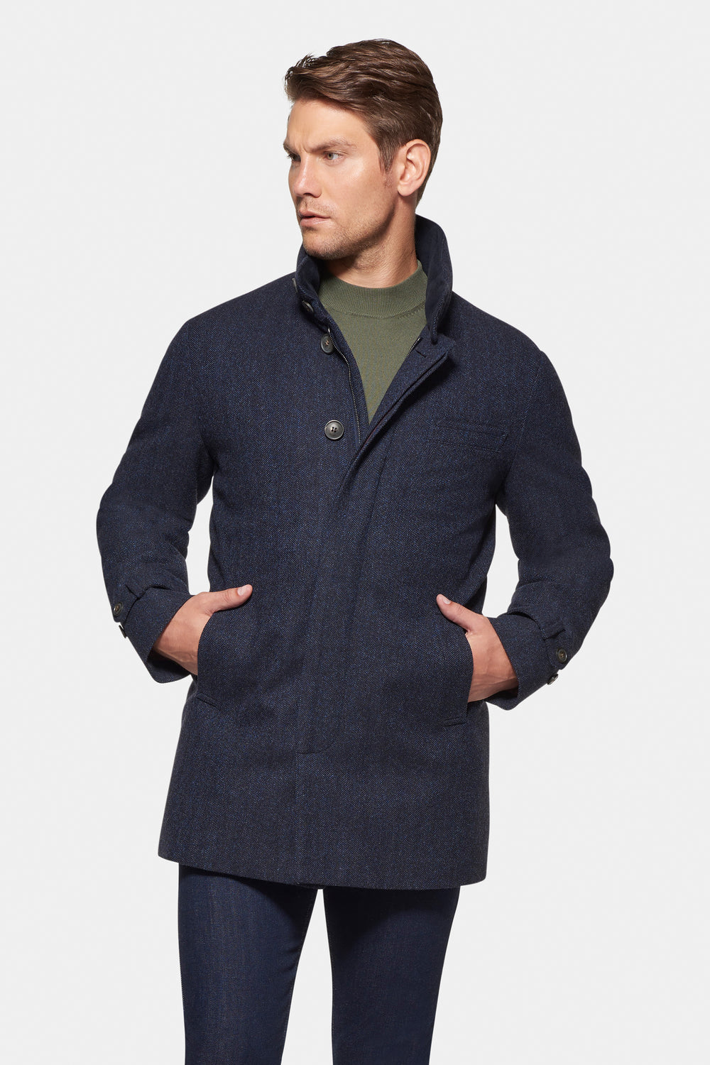 Cashmere Wool Car Coat, British Blue Herringbone