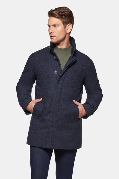 国産品 Cashmere Norwegian - Herringbone Blue British Coat, Car Wool ジャケット・アウター