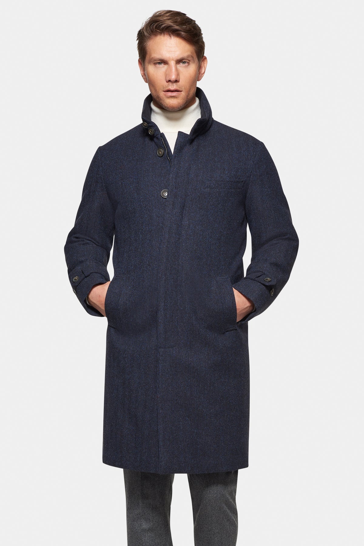 Cashmere Wool Topcoat British Blue Herringbone Norwegian Wool