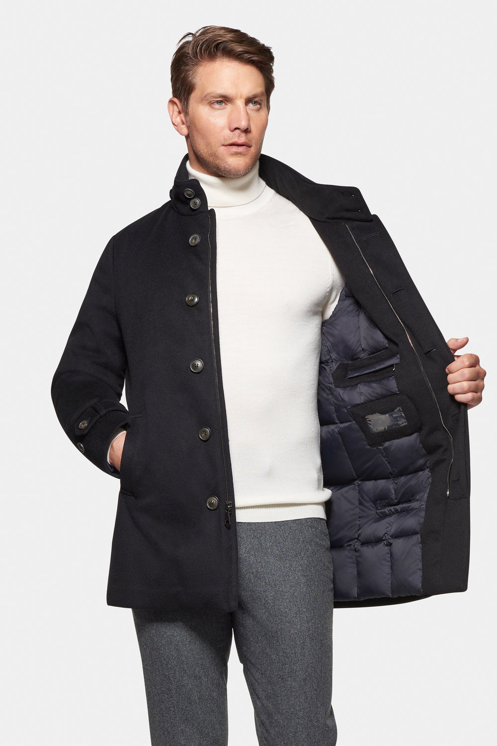 Pure Cashmere Hooded Car Coat Black