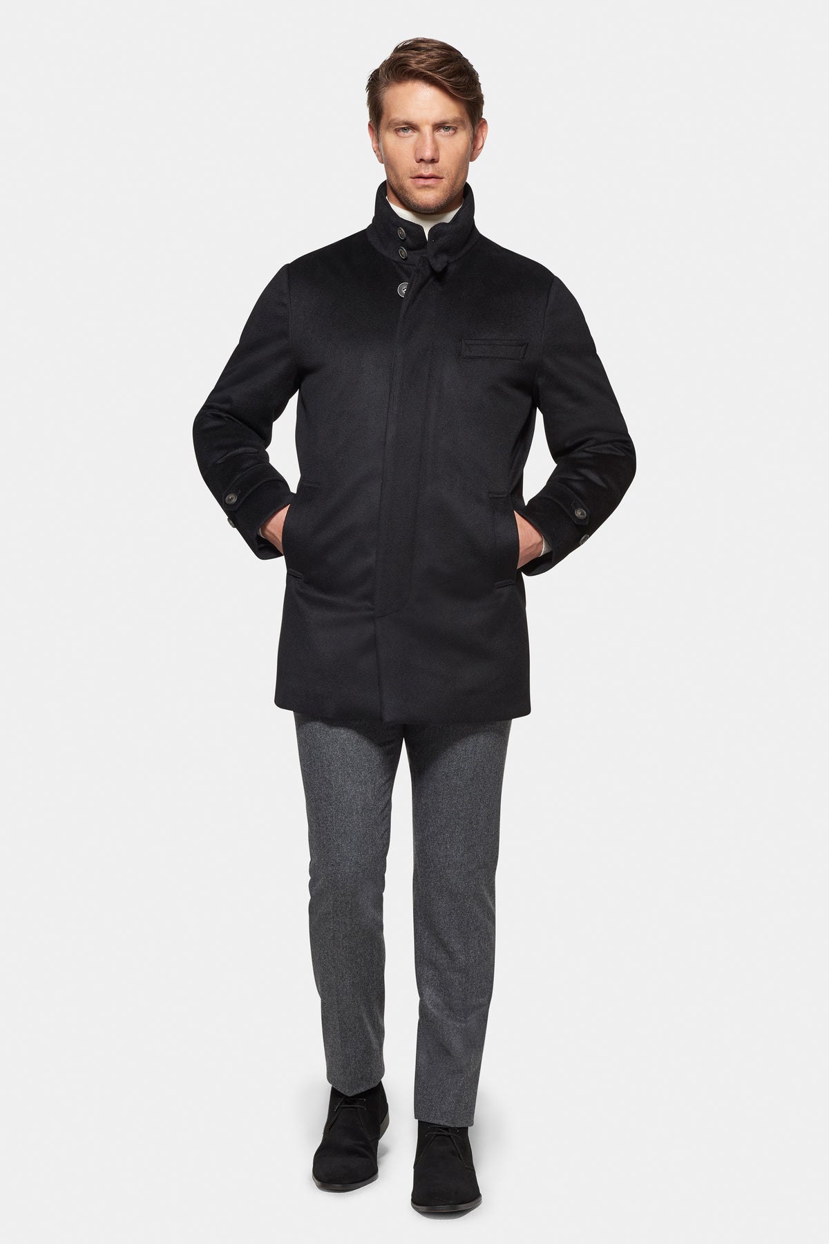 Pure Cashmere Hooded Car Coat Black