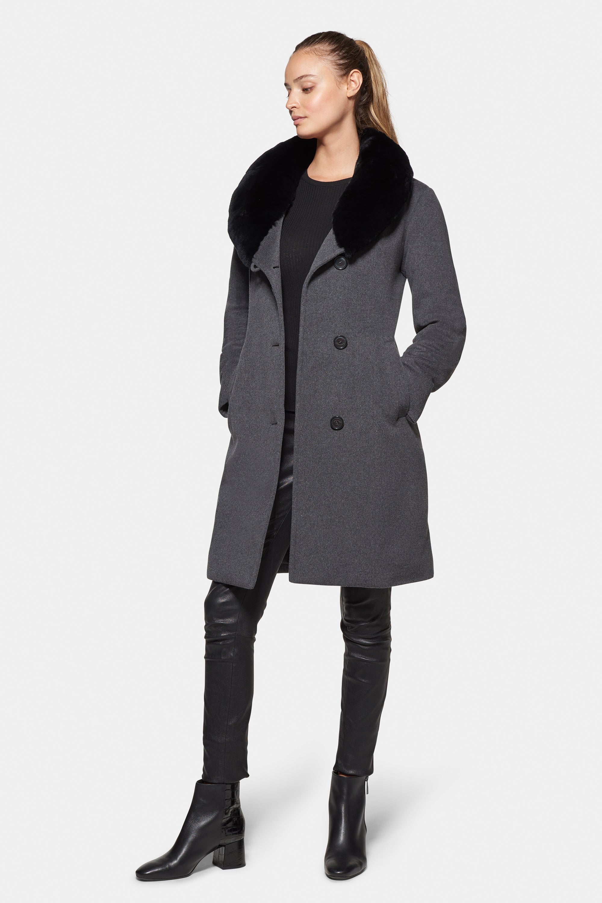 Virgin Wool City Coat with Fur, Grey Melange